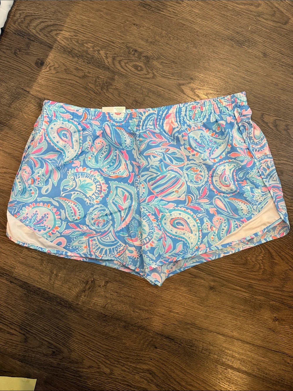 Lilly Pulitzer Sky Blue Paisley Athletic Shorts with Pink & Aqua - Picture 3 of 3